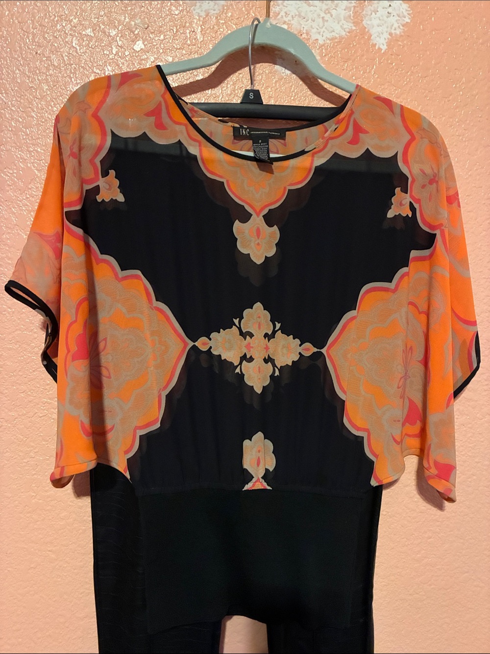 INC International Concepts Black Top with Orange and Cream Floral Print